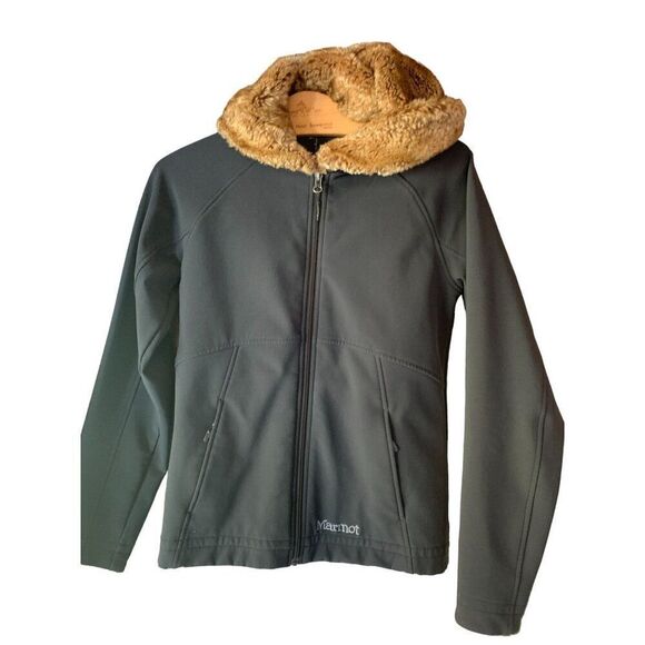 Marmot Womens Black Fleece Lined Softshell Jacket With Faux Fur Hood XS - Picture 1 of 12
